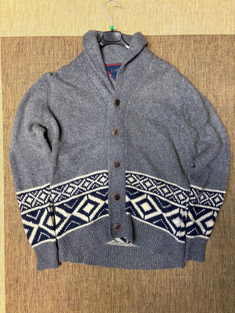Tommy Hilfiger Grey Knit Cardigan With Geometric Pattern